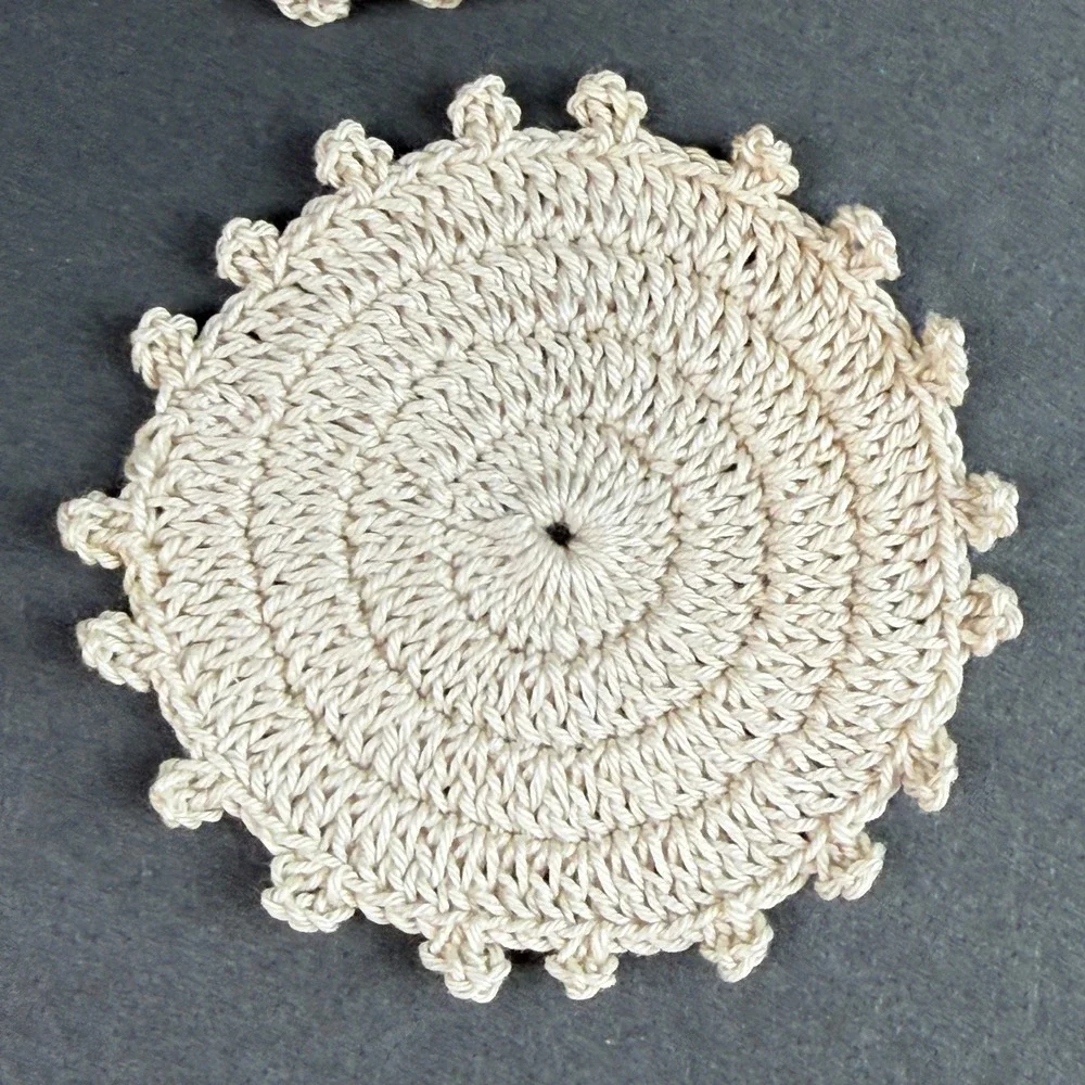 Vintage Handmade Crochet Coasters Set 14 Green Cream Round